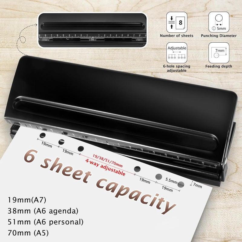 Zofly All Metal Adjustable 6-Hole Paper Puncher, A5 A6 A7 6 Ring Punch with Positioning Mark, 6 Sheet Capacities Puncher for Dairy Planner, Personal, Agenda, Binder Refill Pages (Black) - Image 2